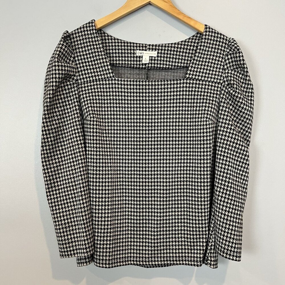 Cato Houndstooth Top Women's Size Large Boxy Black Gray Puff Shoulder Sleeves